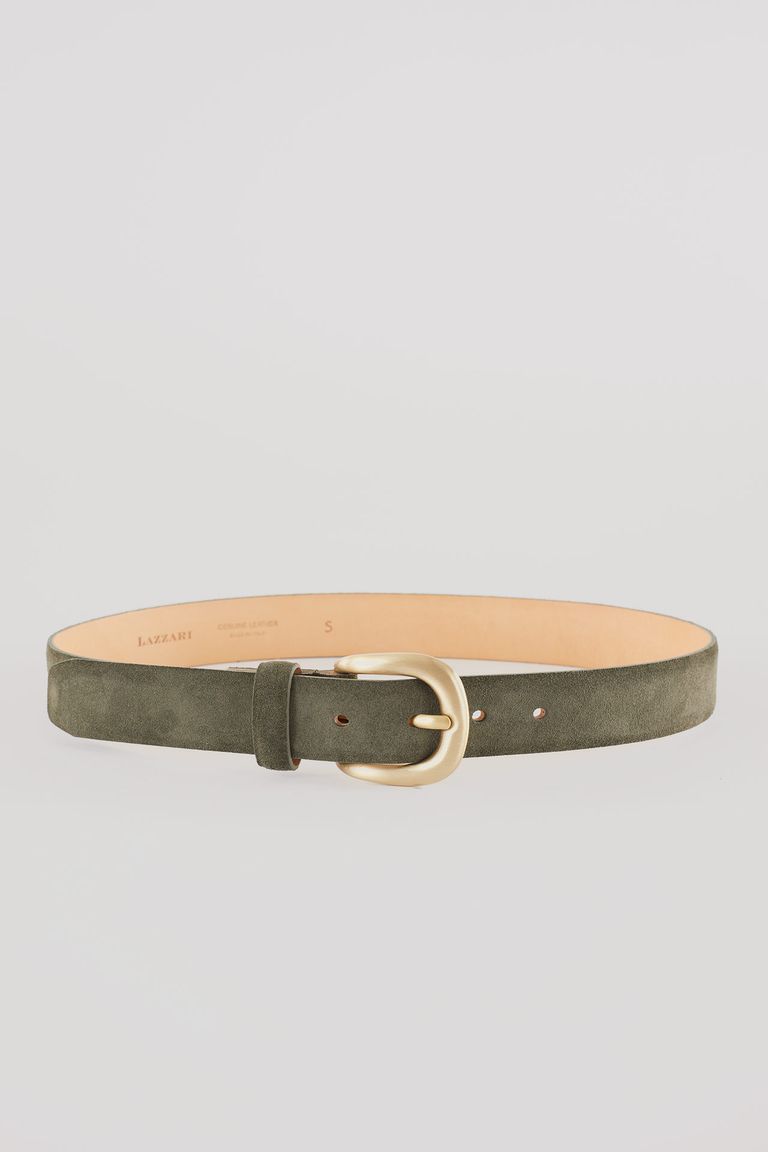 Leather belt with crescent moon buckle