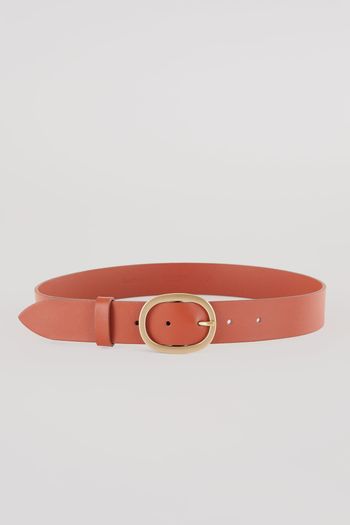 Leather belt with gold oval buckle
