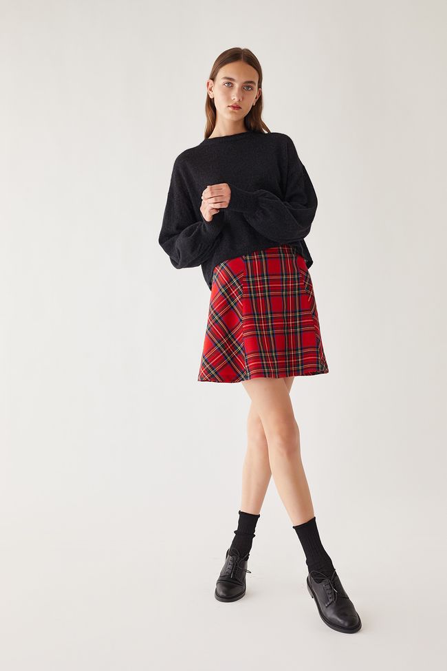 Paneled mini tartan skirt