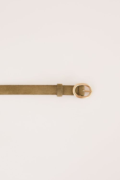Thin leather belt with gold oval buckle