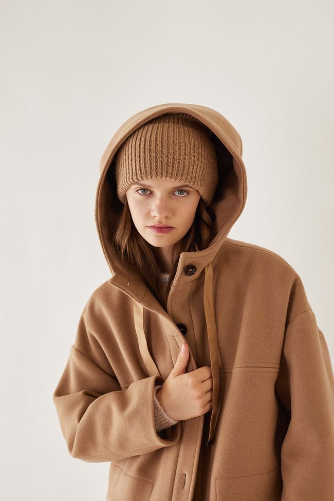 Wool and cashmere coat with hood
