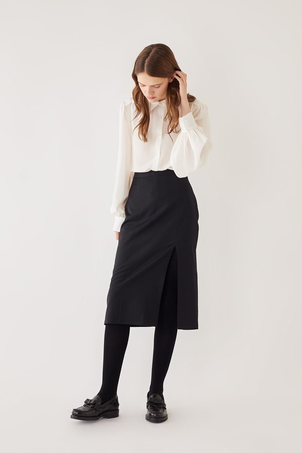 Virgin wool midi skirt with side slit
