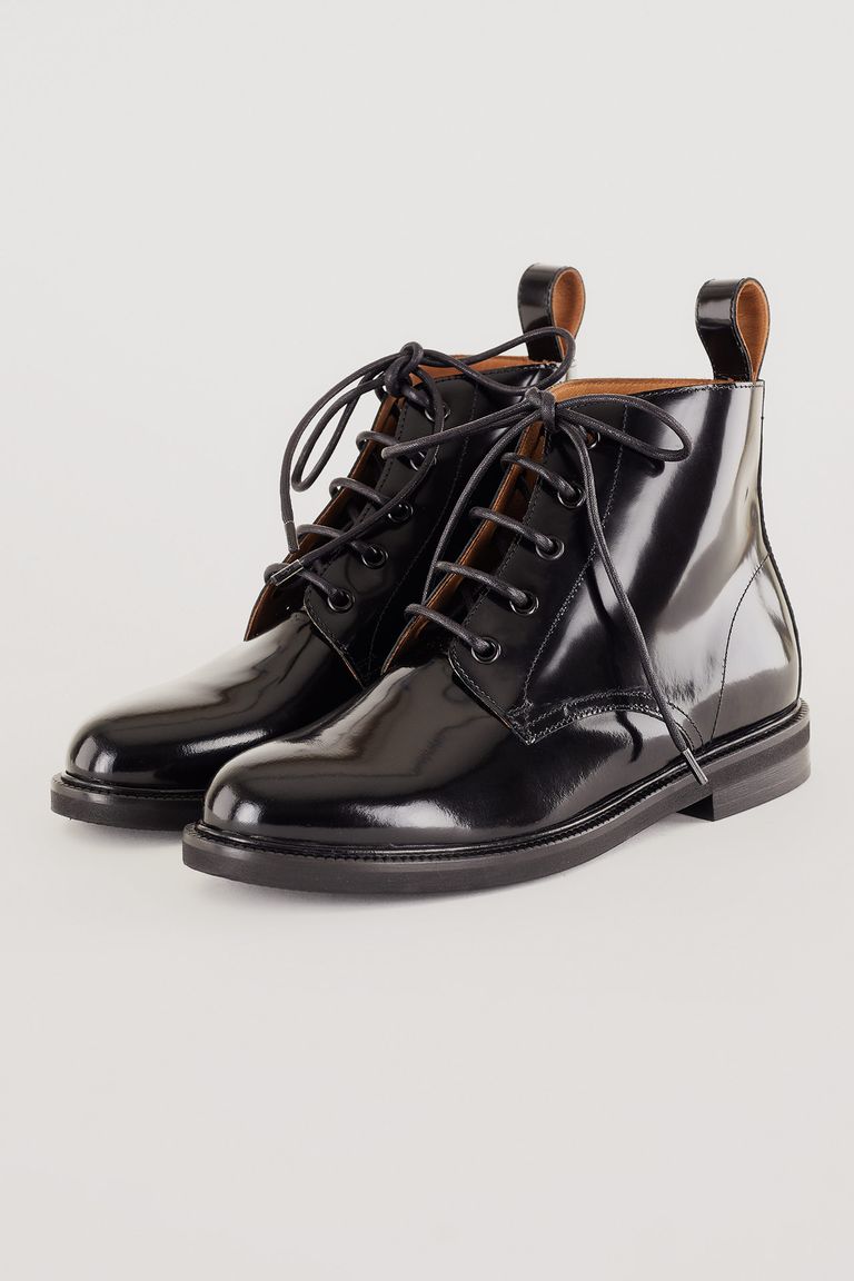 Patent leather lace up ankle outlet boots