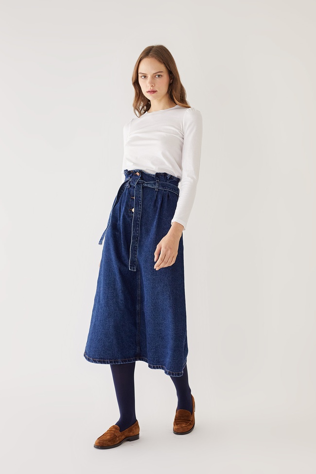 Denim midi skirt with matching belt
