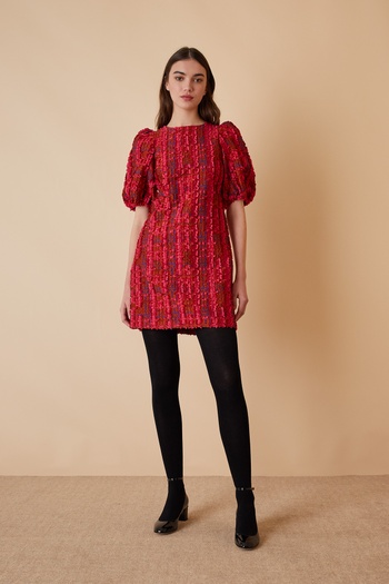 Jacquard dress with puff sleeves