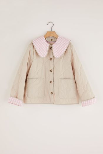 Quilted coat with reversible gingham collar