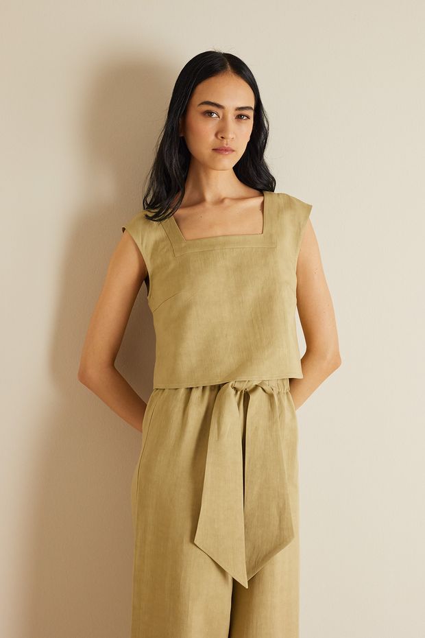 Linen blend top with square neckline