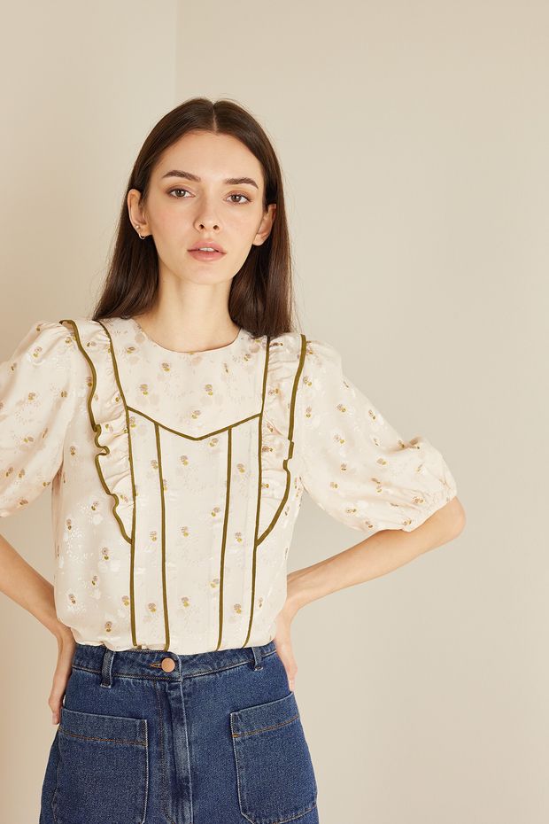 Jacquard blouse with contrasting piping
