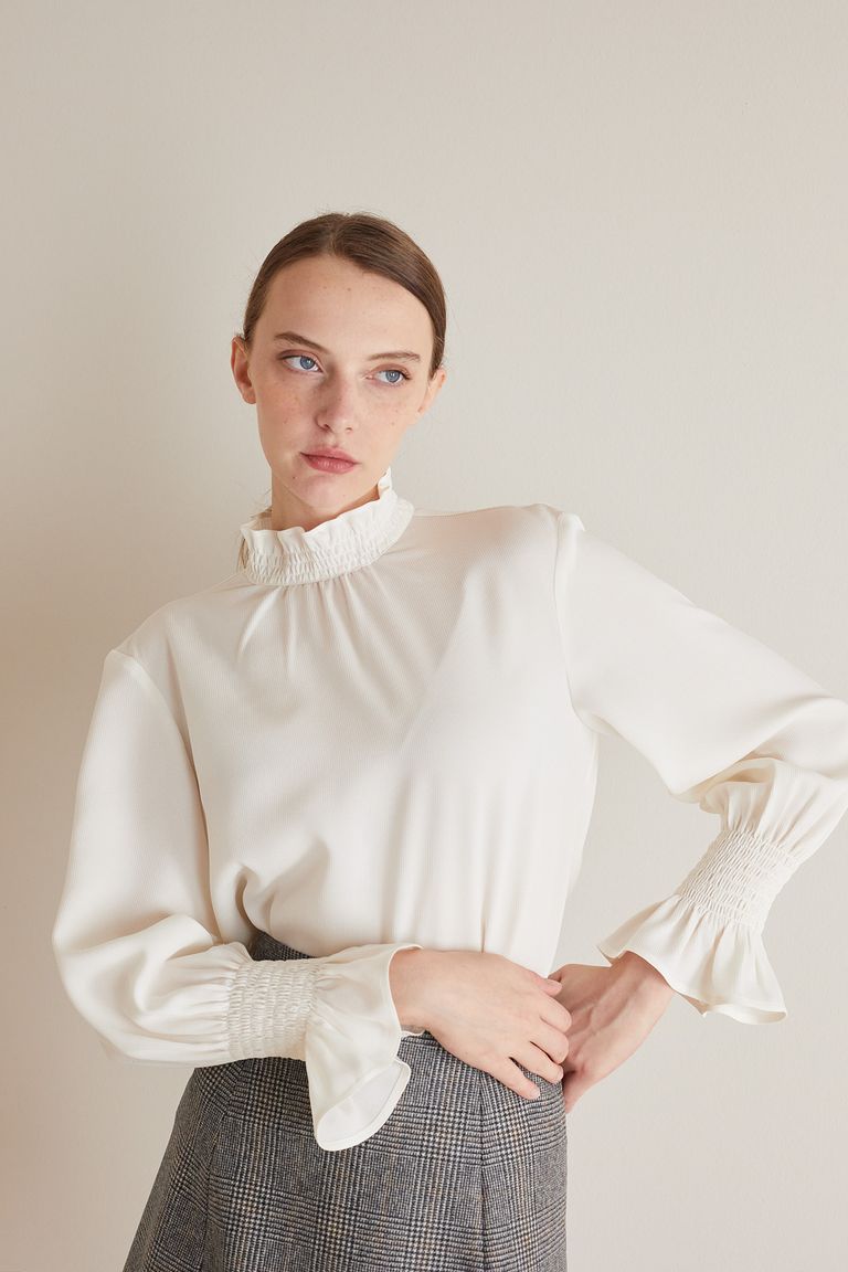 Silk blouse with gathered collar and cuffs - Women's Clothing