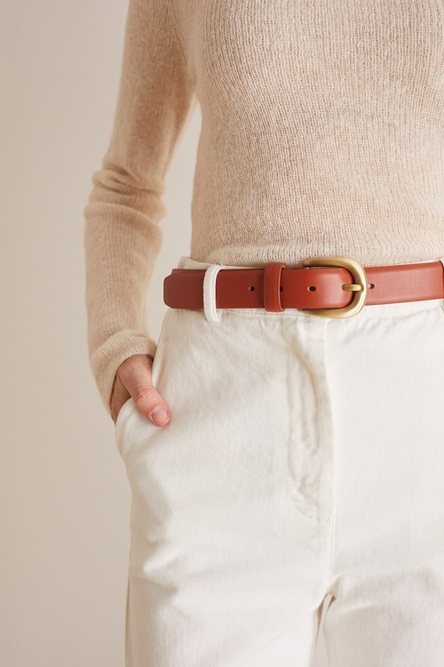Leather belt with crescent moon buckle