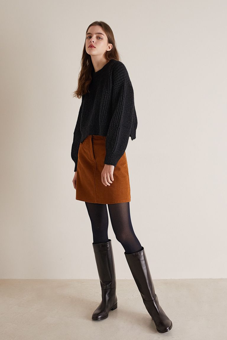 Corduroy skirt with knee high cheap boots