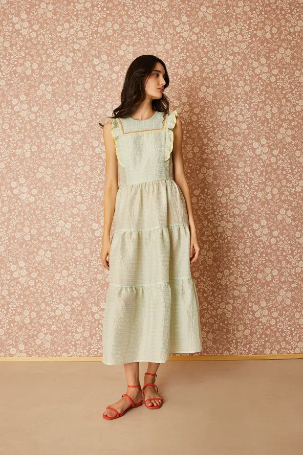 Long tiered dress with contrasting trimmings