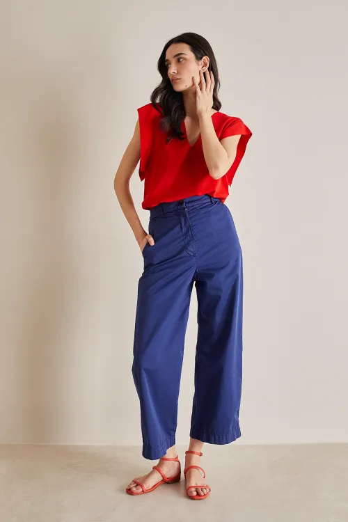 Cotton trousers with half elastic waistband