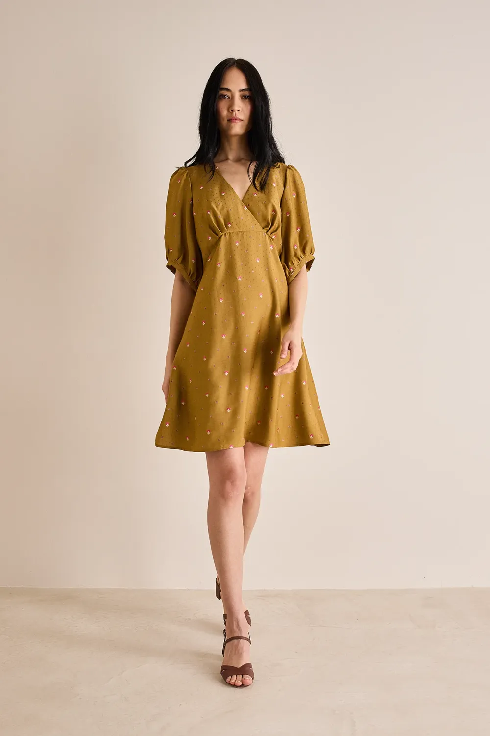 Fil coupé dress with puff sleeves