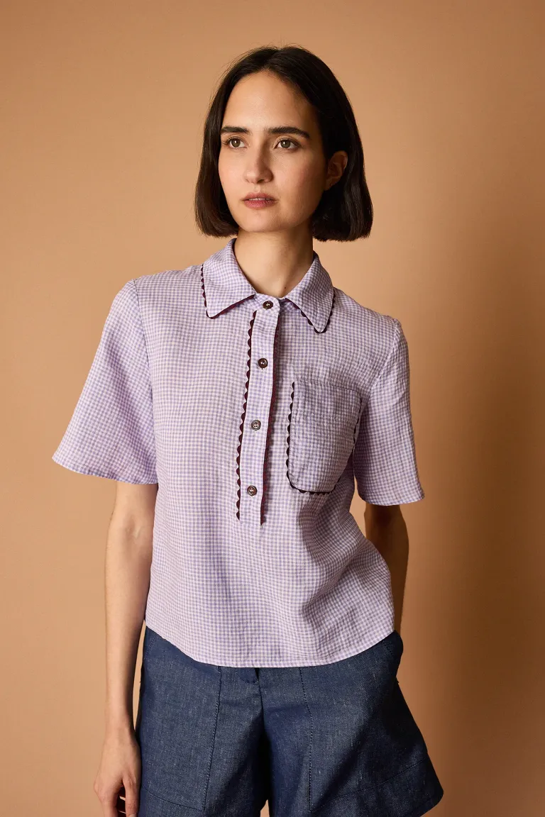 Linen gingham polo shirt with contrasting trimming