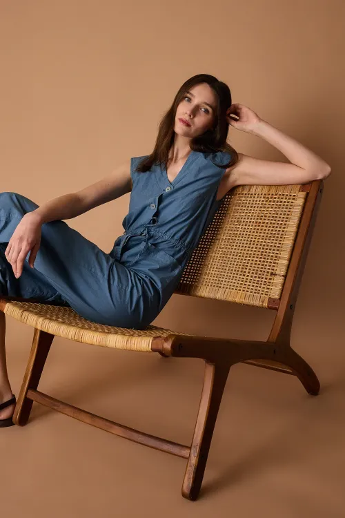Cotton jumpsuit with gathered elastic waist