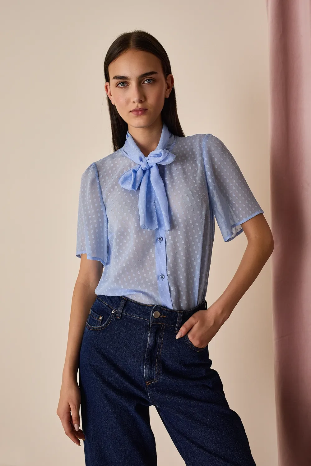 Textured silk bow collar shirt