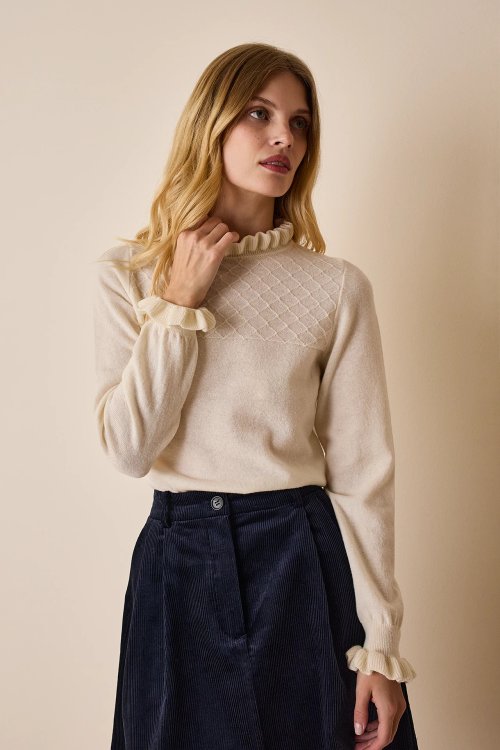 Sweater with ruffles and embroidered yoke