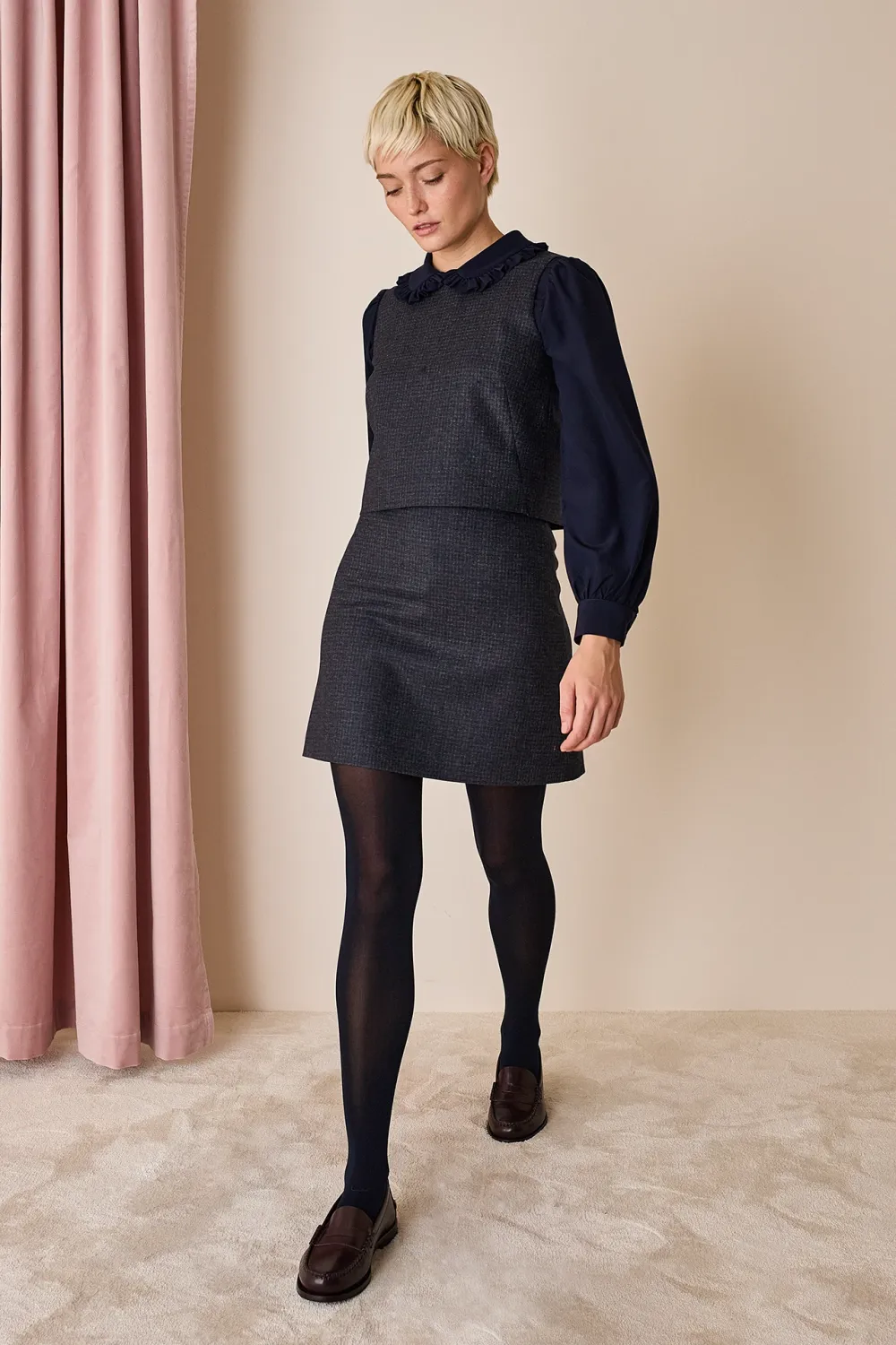 Micro-check wool miniskirt