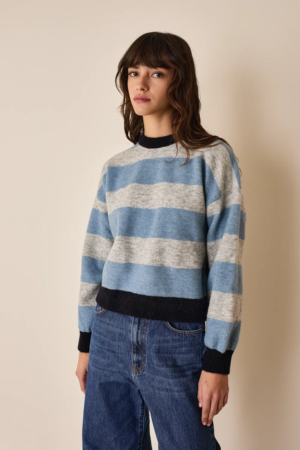 Stretch alpaca striped crewneck