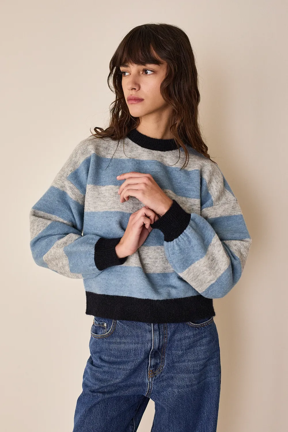 Stretch alpaca striped crewneck