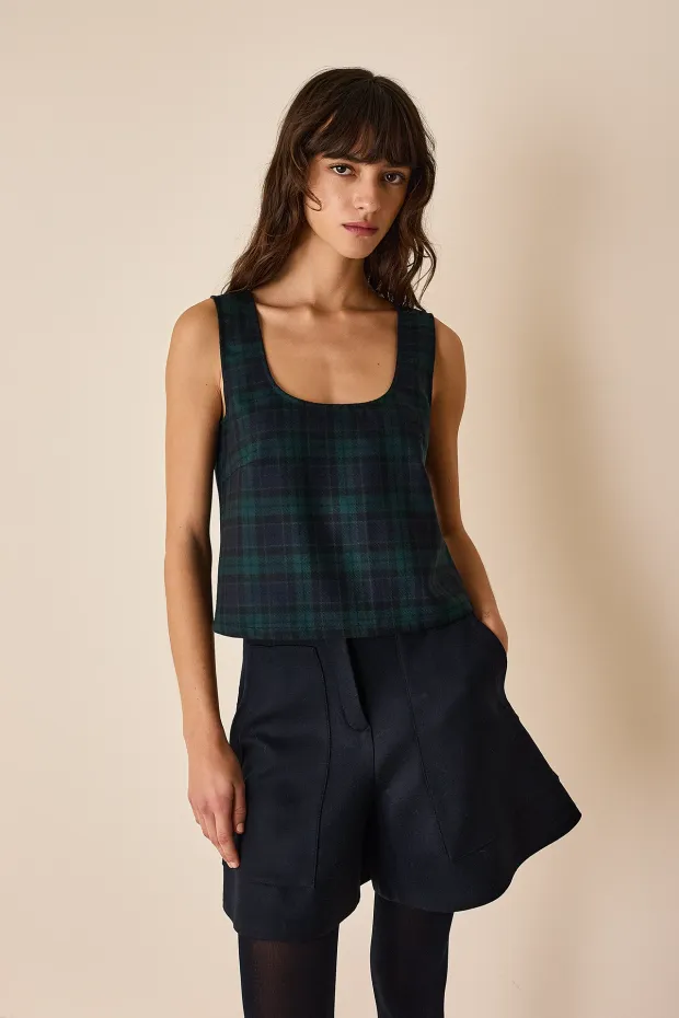 Top tartan con scollo quadrato