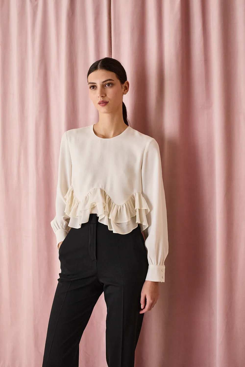 Wool and silk top with ruffles