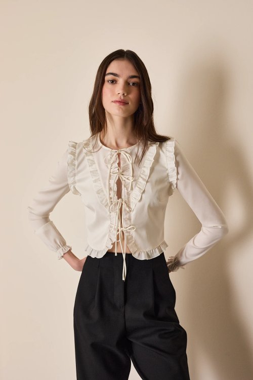 Silk crepe de chine top with bows and ruffles