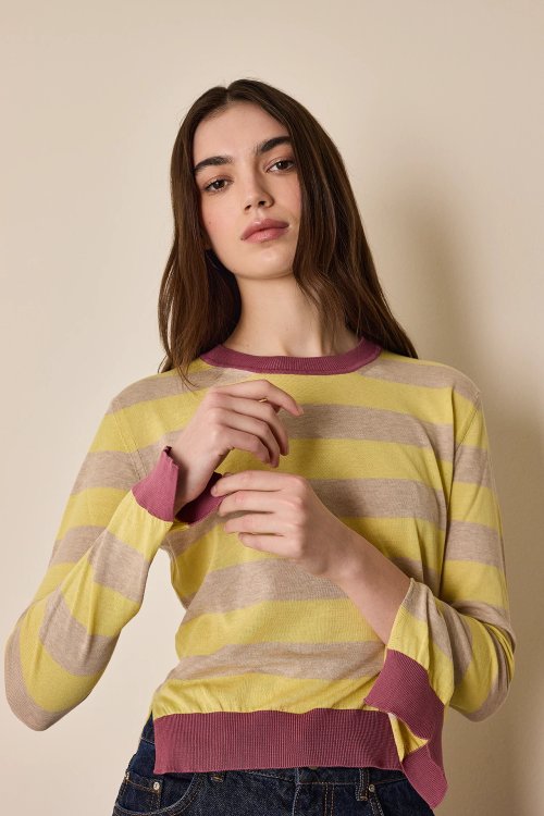 Striped side slit crew neck