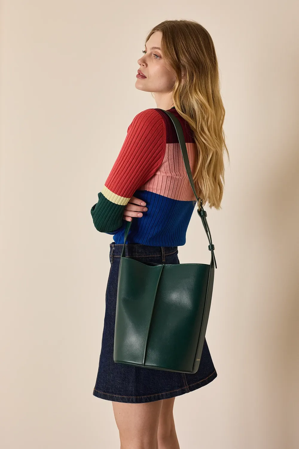 Leather bucket bag with strap