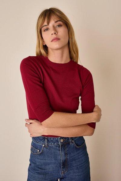 Cotton crewneck with three-quarter sleeves