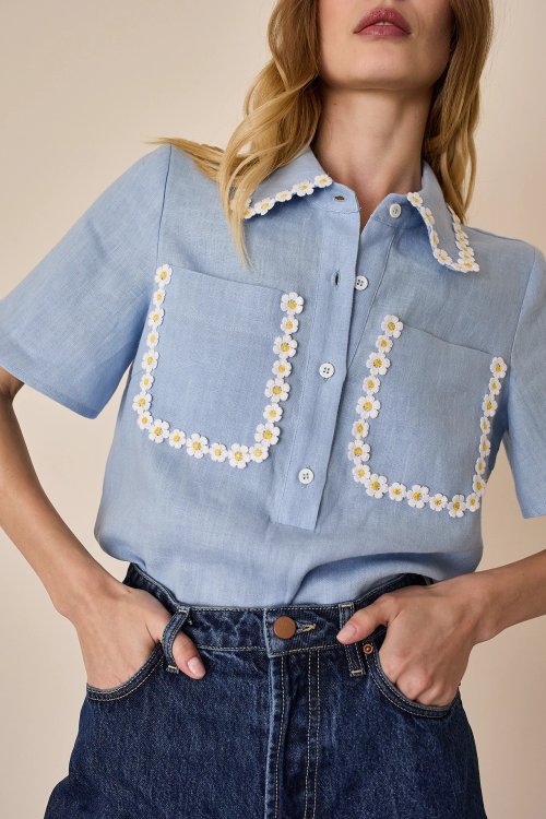 Linen polo with daisies