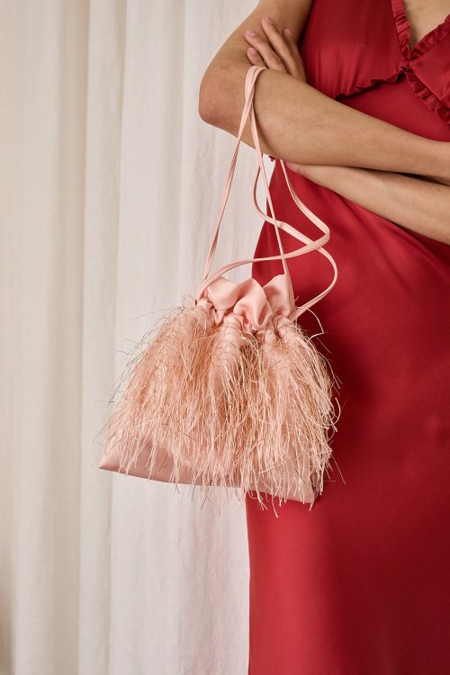 Feathered-look drawstring bag