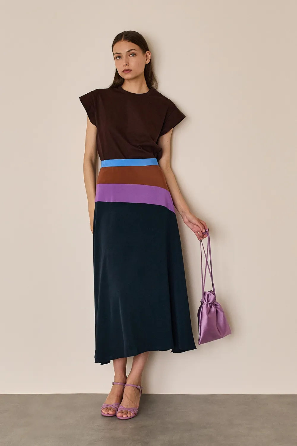 Silk skirt with color block detail