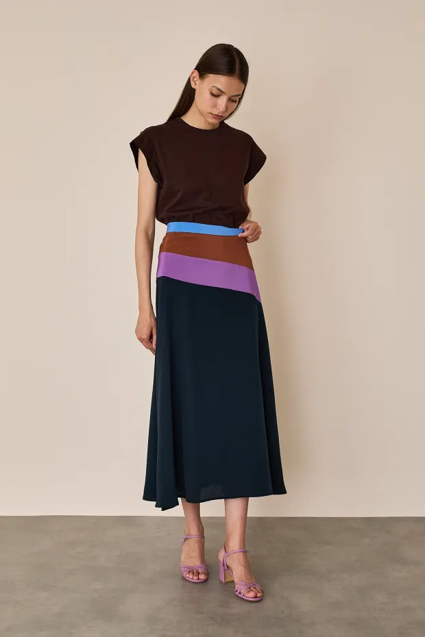 Silk skirt with color block detail