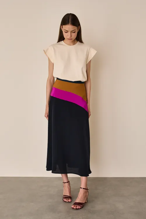 Silk skirt with color block detail