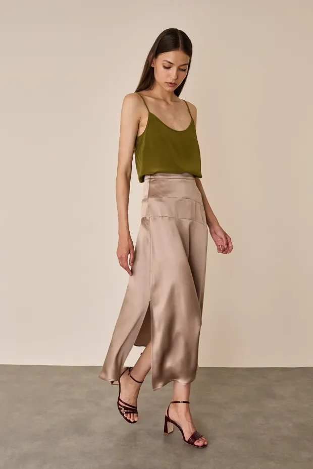 Silk satin skirt with shaped waistband