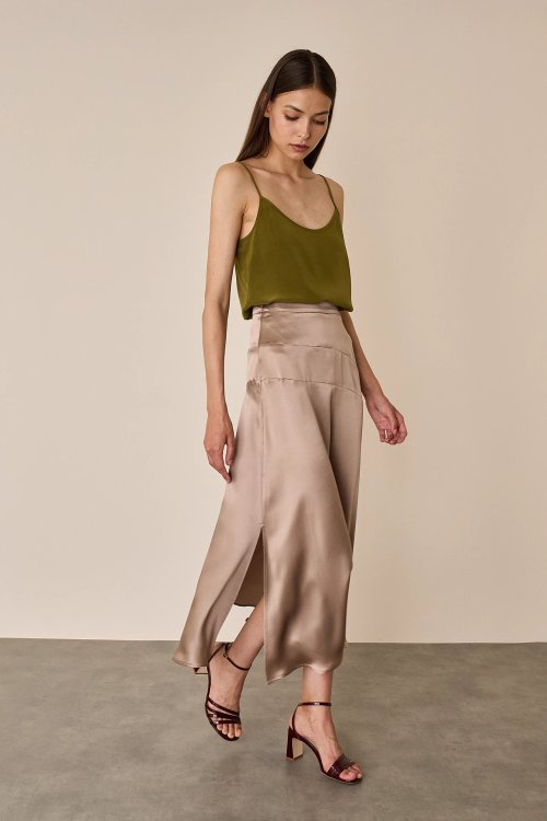 Silk satin skirt with shaped waistband