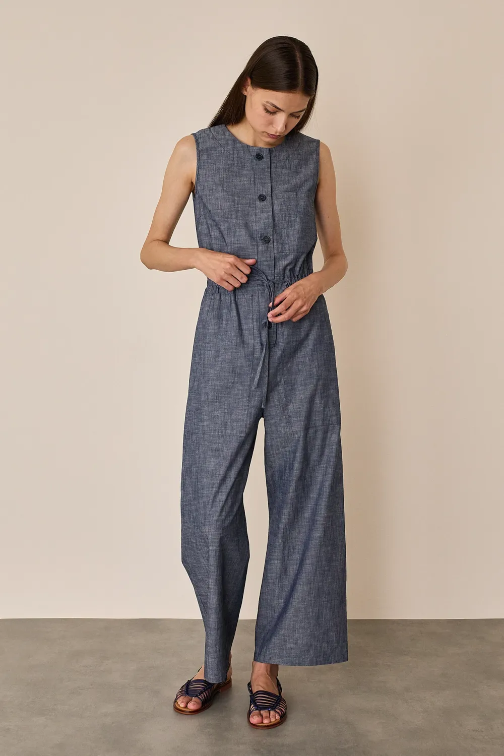 Cotton jumpsuit with gathered elastic waist