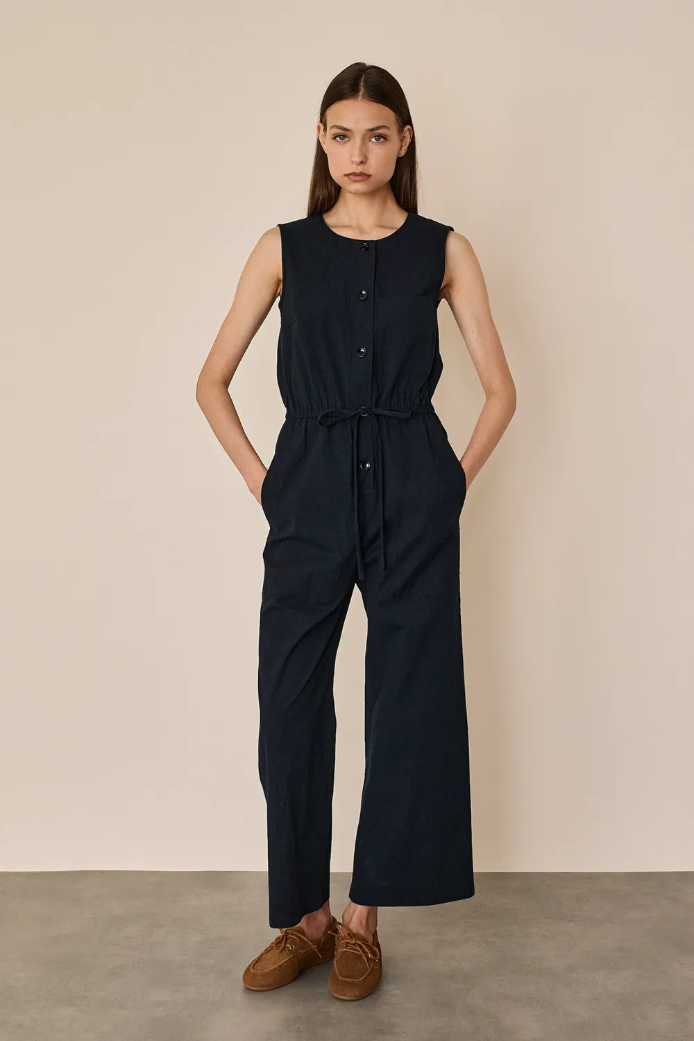 Cotton jumpsuit with gathered elastic waist