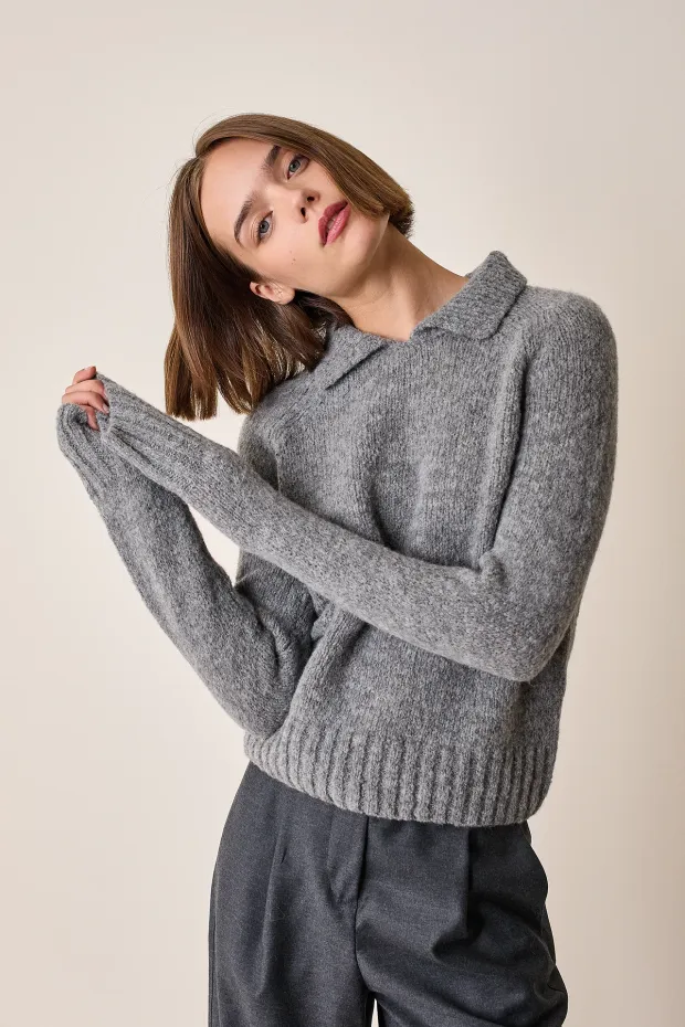 Buttonless polo shirt in alpaca and merino wool
