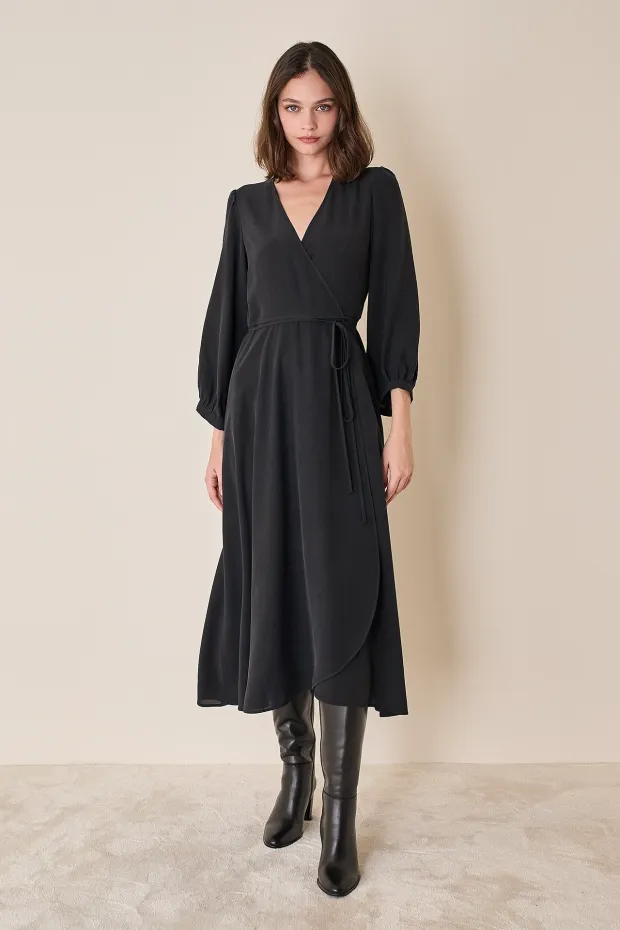 Silk wrap dress with long sleeves